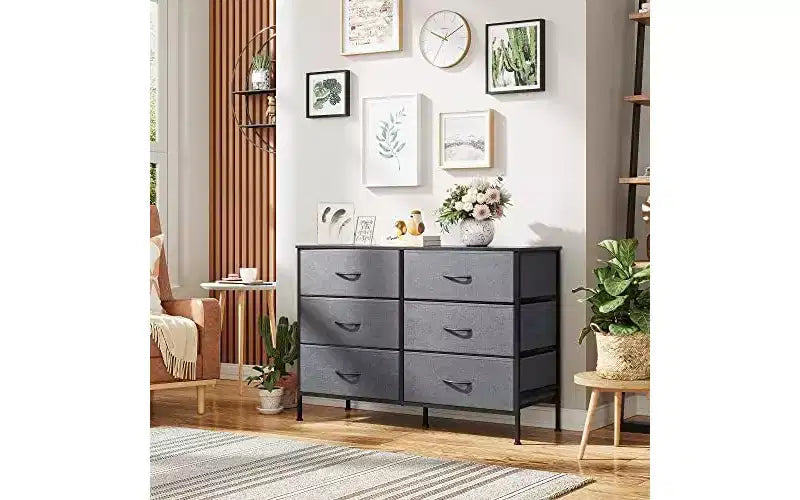 Commode de chambre à 6 tiroirs, meuble TV large pour téléviseur de 50 pouces, commode grise avec cadre en métal, dessus en bois, gris foncé
