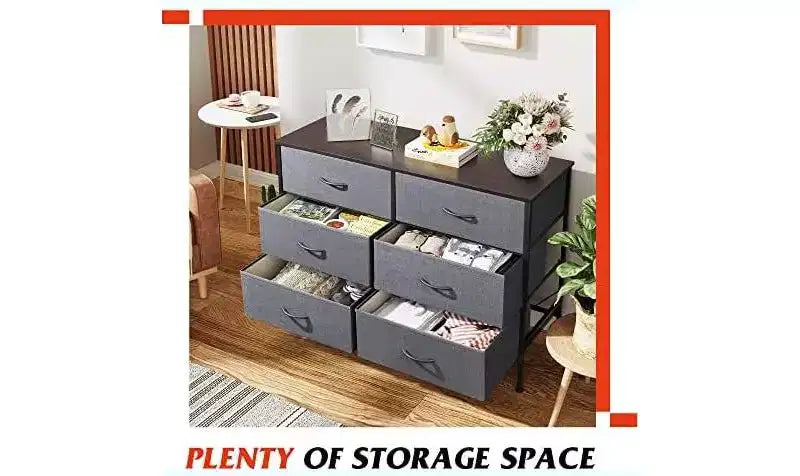 Commode de chambre à 6 tiroirs, meuble TV large pour téléviseur de 50 pouces, commode grise avec cadre en métal, dessus en bois, gris foncé