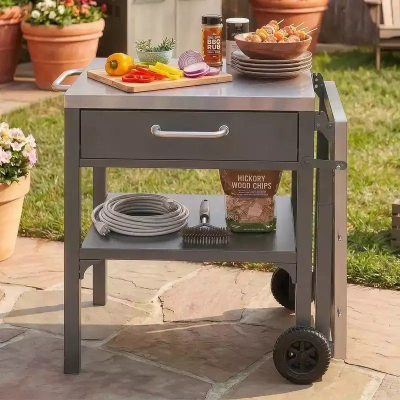 GDFStudio Mavis Outdoor Kitchen Cart Foldable Stainless Steel Prep Station with Wheels