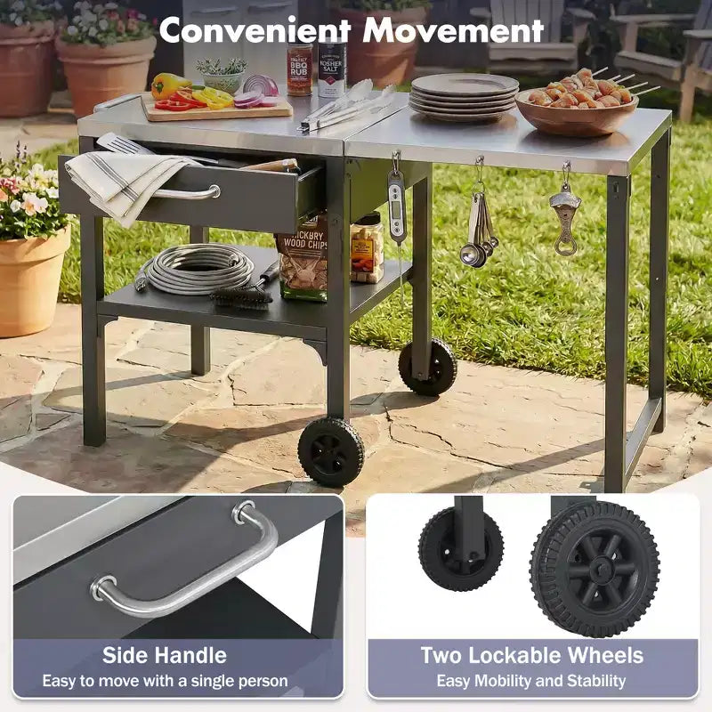 Chariot de cuisine d'extérieur pliable en acier inoxydable avec roulettes