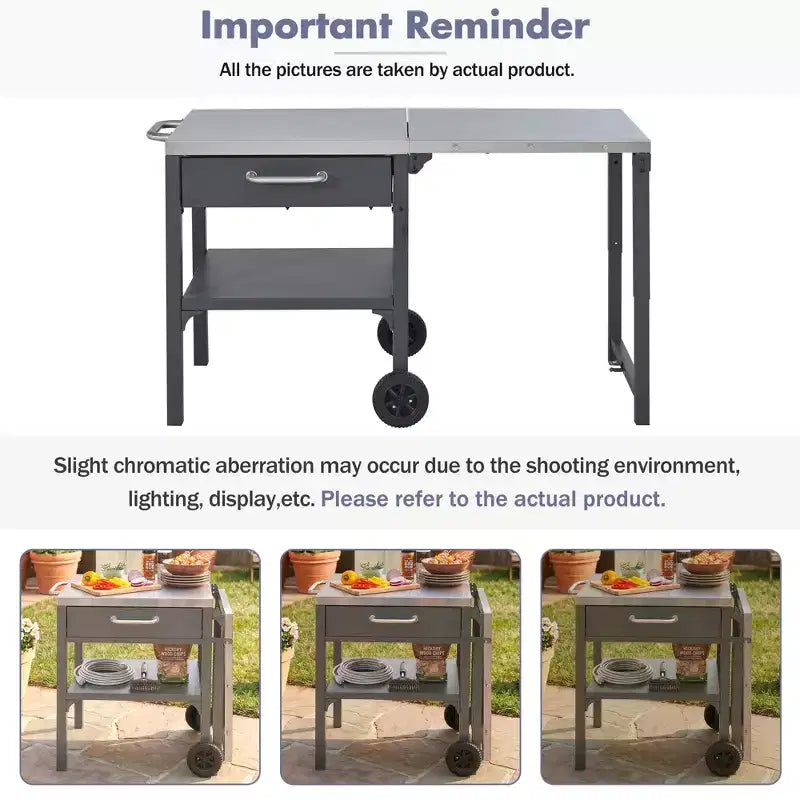 Chariot de cuisine d'extérieur pliable en acier inoxydable avec roulettes