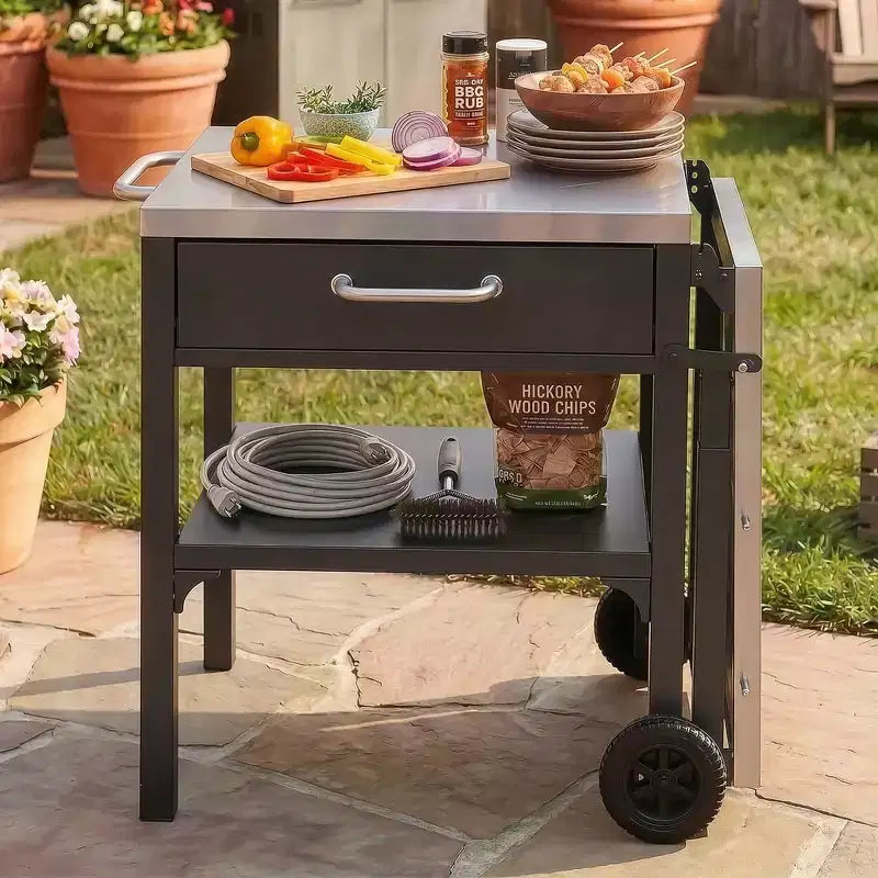 Chariot de cuisine d'extérieur pliable en acier inoxydable avec roulettes