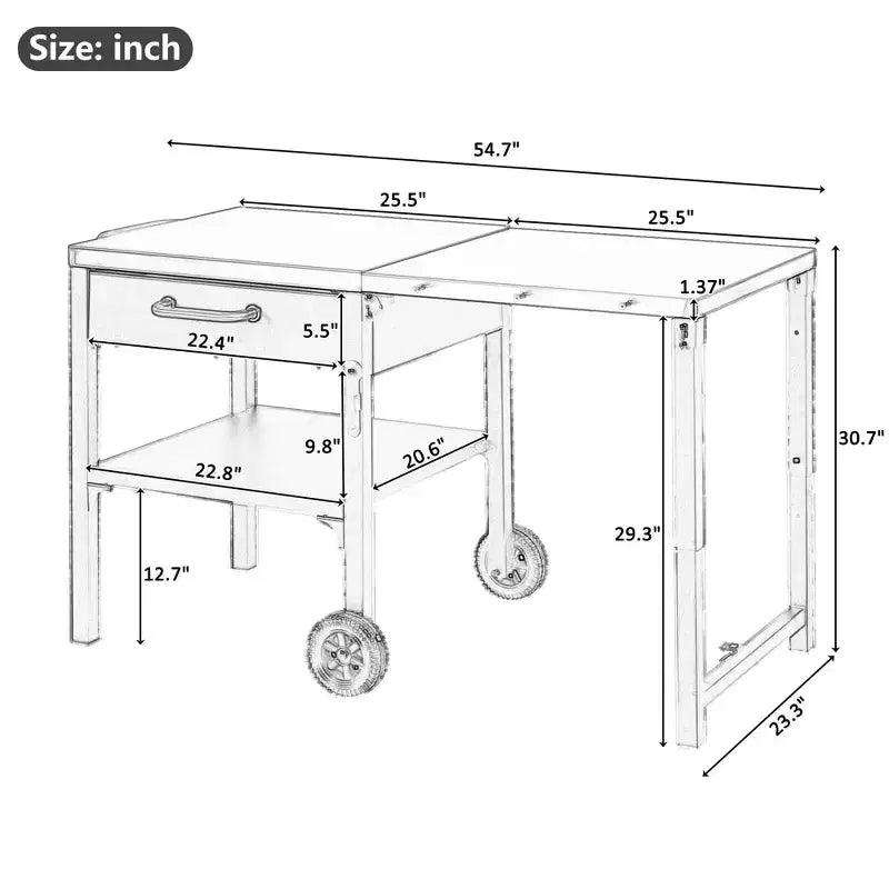 Chariot de cuisine d'extérieur pliable en acier inoxydable avec roulettes