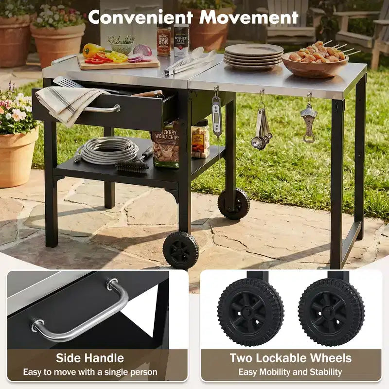 Chariot de cuisine d'extérieur pliable en acier inoxydable avec roulettes