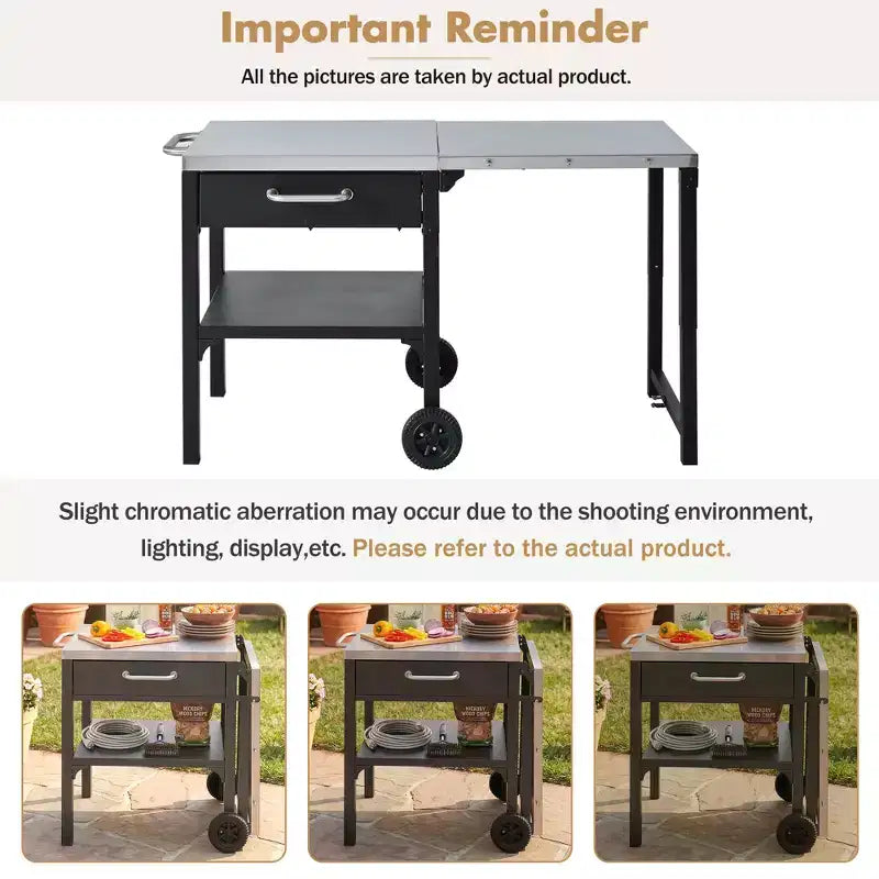 Chariot de cuisine d'extérieur pliable en acier inoxydable avec roulettes