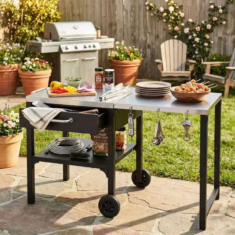 Chariot de cuisine d'extérieur pliable en acier inoxydable avec roulettes