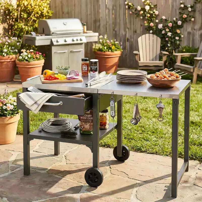 Chariot de cuisine d'extérieur pliable en acier inoxydable avec roulettes