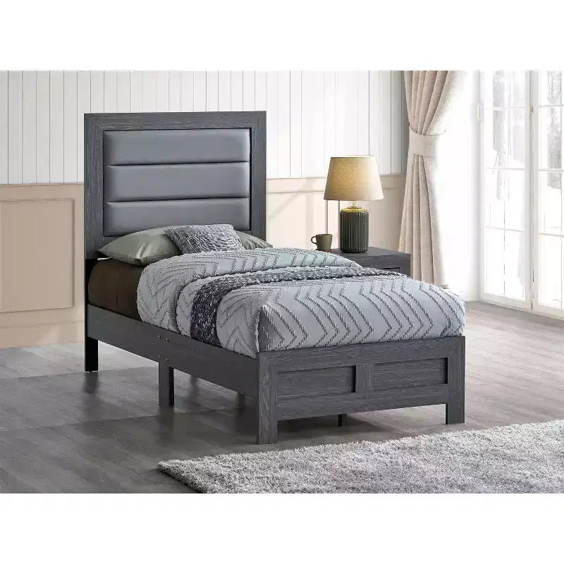 Lit double à panneaux avec cadre en bois gris