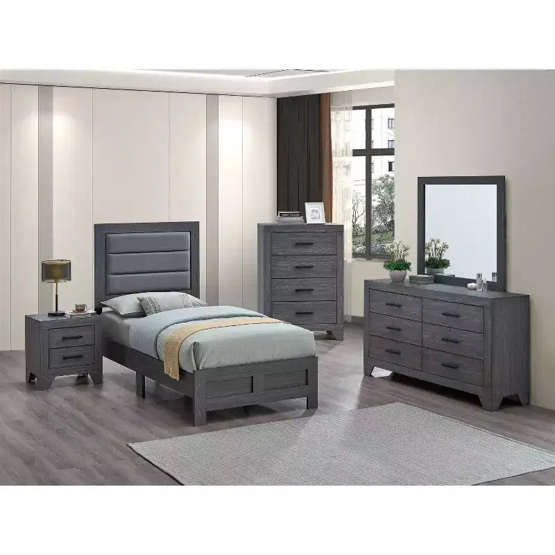 Lit double à panneaux avec cadre en bois gris