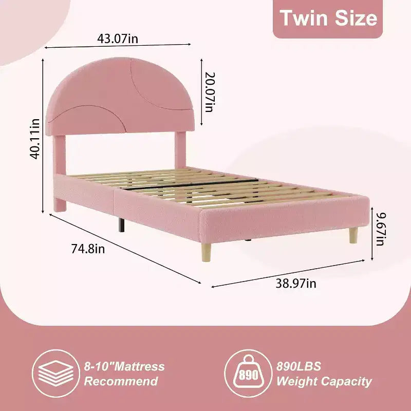 Cadre de lit jumeau avec tête de lit ronde en bouclé tapissée, design en forme d'arche en rose tendre et blanc, lit moderne pour enfants avec lattes en bois