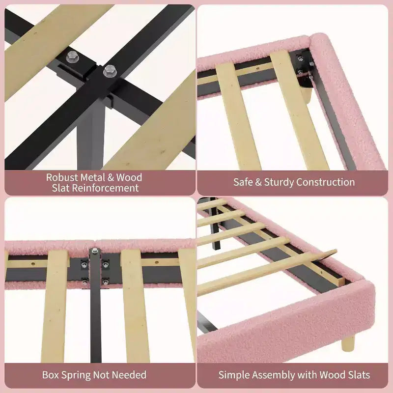 Cadre de lit jumeau avec tête de lit ronde en bouclé tapissée, design en forme d'arche en rose tendre et blanc, lit moderne pour enfants avec lattes en bois