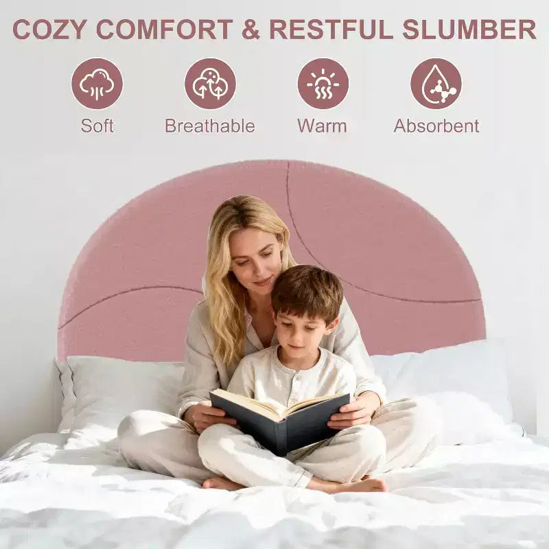 Cadre de lit jumeau avec tête de lit ronde en bouclé tapissée, design en forme d'arche en rose tendre et blanc, lit moderne pour enfants avec lattes en bois