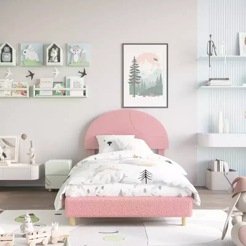 Cadre de lit jumeau avec tête de lit ronde en bouclé tapissée, design en forme d'arche en rose tendre et blanc, lit moderne pour enfants avec lattes en bois