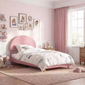 Twin Bed Frame with Upholstered Round Boucle Headboard, Arch-Shaped Design in Soft Pink and White, Modern Kids Bed with Wooden Slats