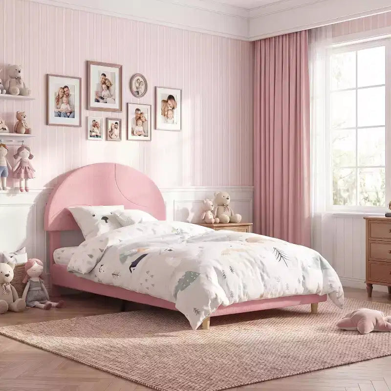 Twin Bed Frame with Upholstered Round Boucle Headboard, Arch-Shaped Design in Soft Pink and White, Modern Kids Bed with Wooden Slats