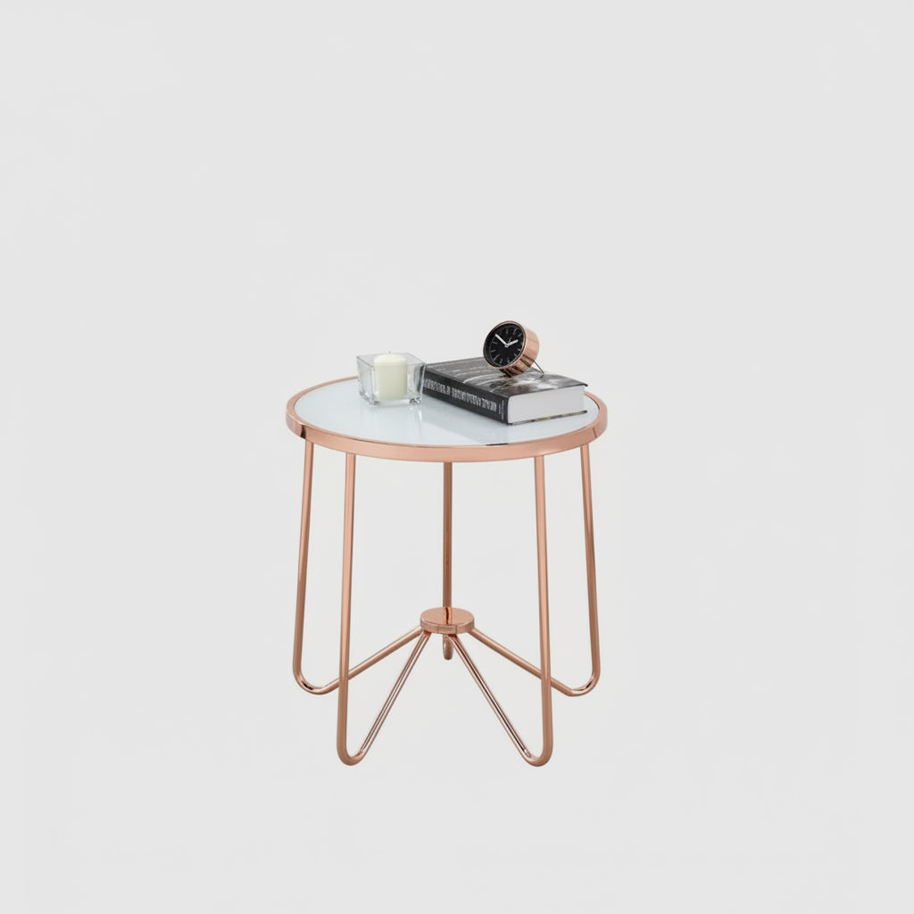 Table d'appoint or rose givré - : Contemporain, Verre trempé, Cadre métallique