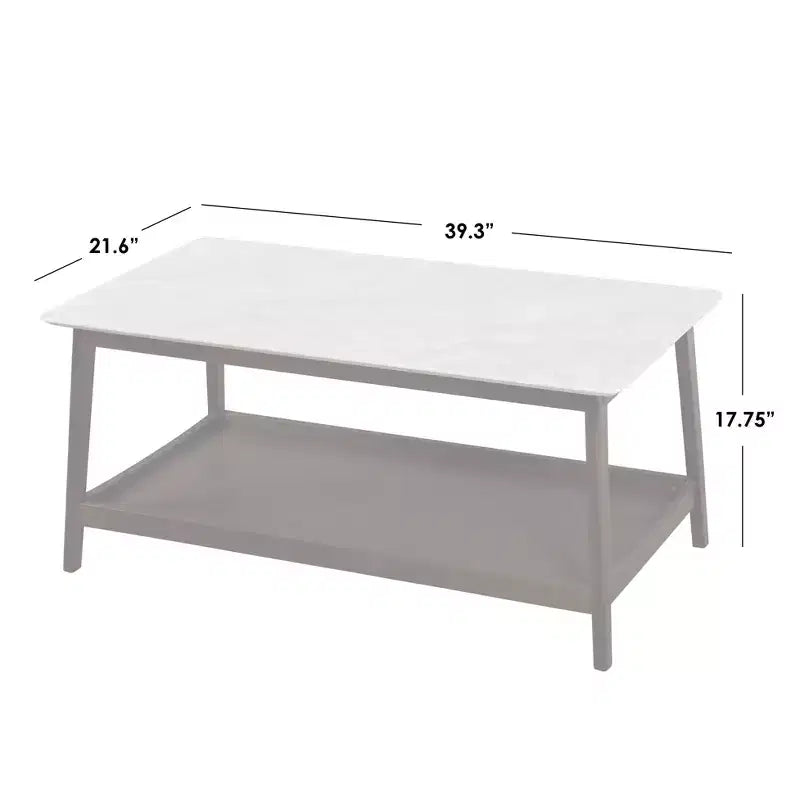 Table basse - Noyer : Plateau imitation marbre, Structure en bois massif, Étagère de rangement inférieure