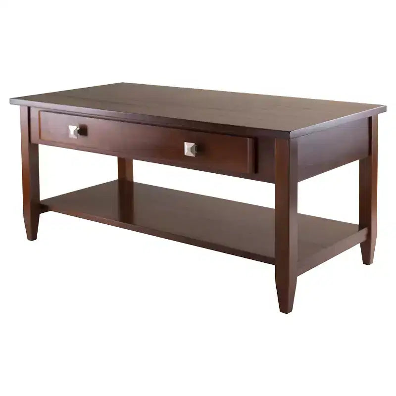 Richmond Coffee Table with Tapered Leg Walnut Finish - Winsome: Storage Shelf, Modern Brushed-Chrome Knobs