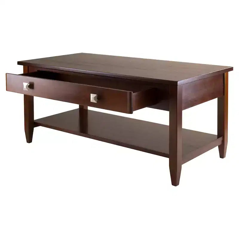 Table basse Richmond avec pieds coniques et finition noyer -: Étagère de rangement, Poignées modernes en chrome brossé