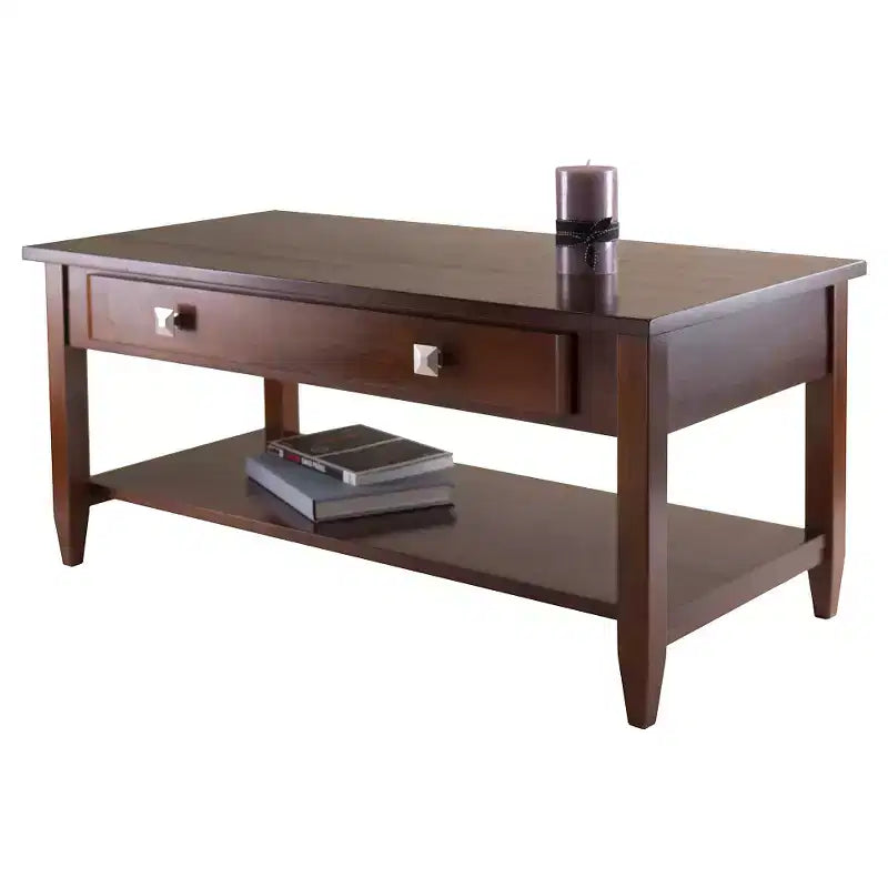 Table basse Richmond avec pieds coniques et finition noyer -: Étagère de rangement, Poignées modernes en chrome brossé