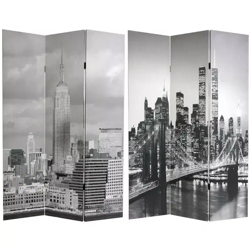6ft Double Sided 3-Panel New York Scenes Room Divider - Oriental Furniture: Wood Composite, No Assembly Required