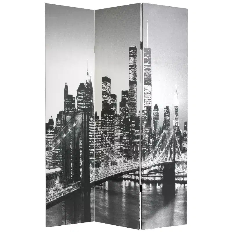 Paravent 3 Panneaux Double Face Scènes de New York, 1,80m - Oriental Furniture : Composite de bois, Aucun assemblage requis
