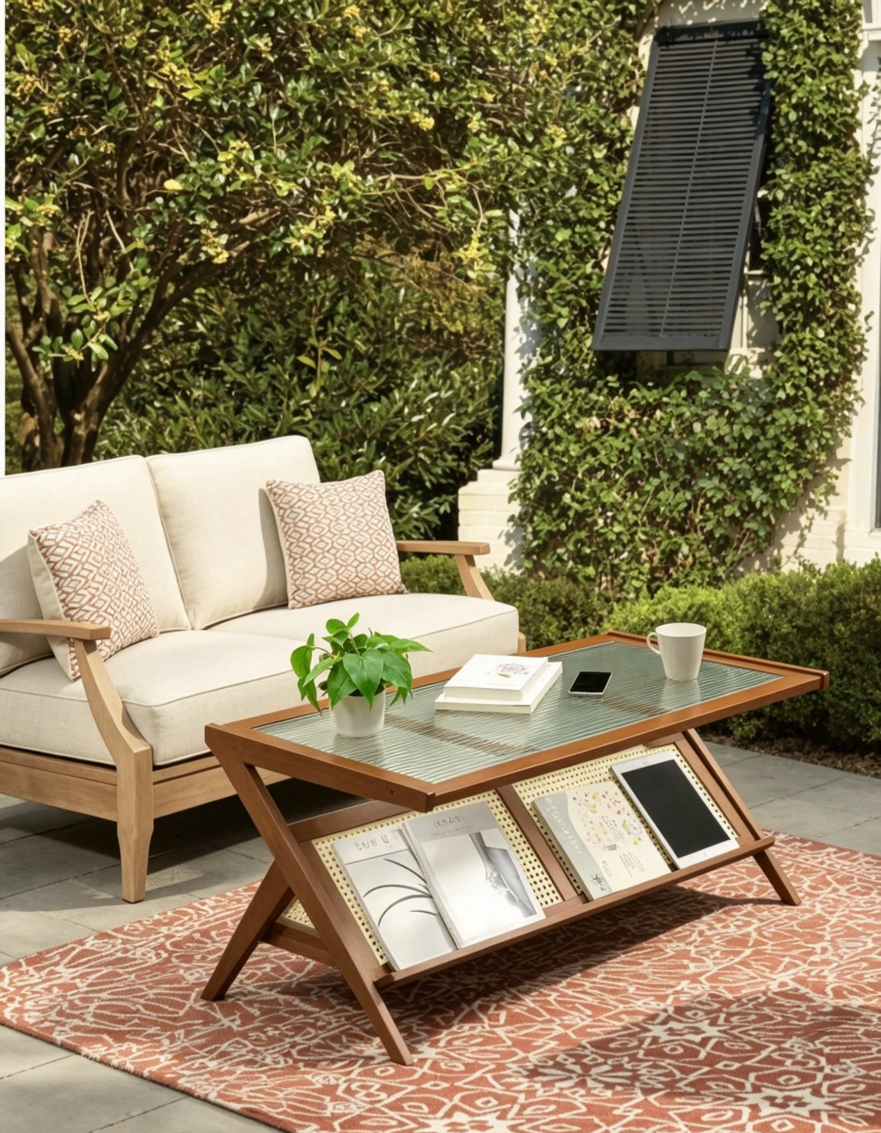 Tables basses en bois Mid-Century Modern 39,4 avec plateau en verre et étagère en rotin