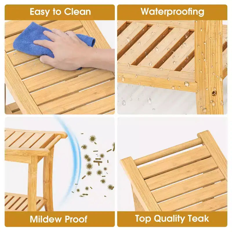 Banc de douche en bambou avec étagères de rangement, capacité de 150 kg, imperméable