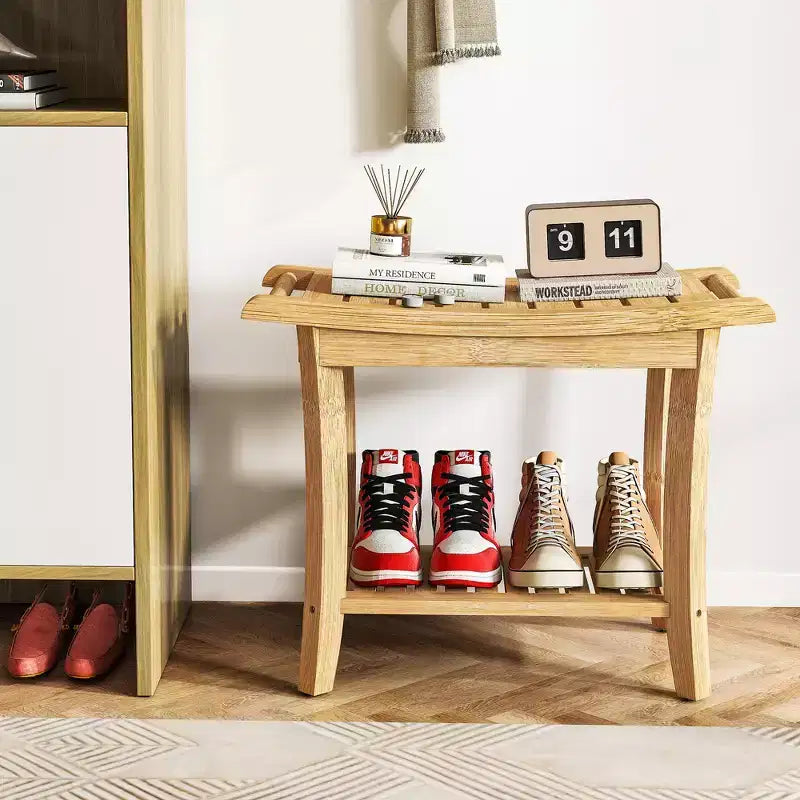 Banc de douche en bambou avec étagères de rangement, capacité de 150 kg, imperméable