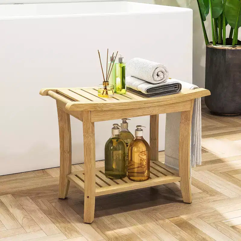 Banc de douche en bambou avec étagères de rangement, capacité de 150 kg, imperméable