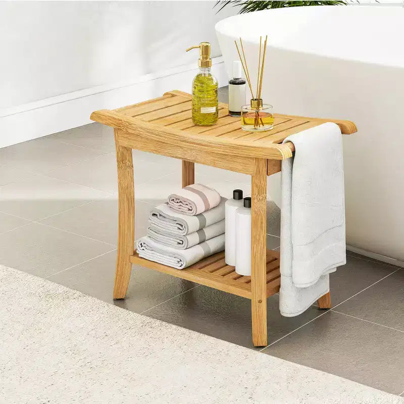 Banc de douche en bambou avec étagères de rangement, capacité de 150 kg, imperméable
