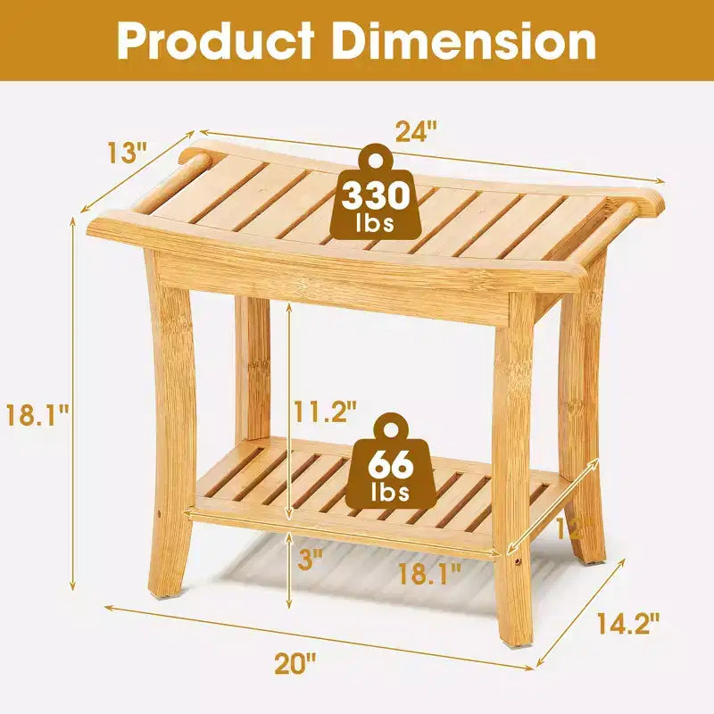 Banc de douche en bambou avec étagères de rangement, capacité de 150 kg, imperméable