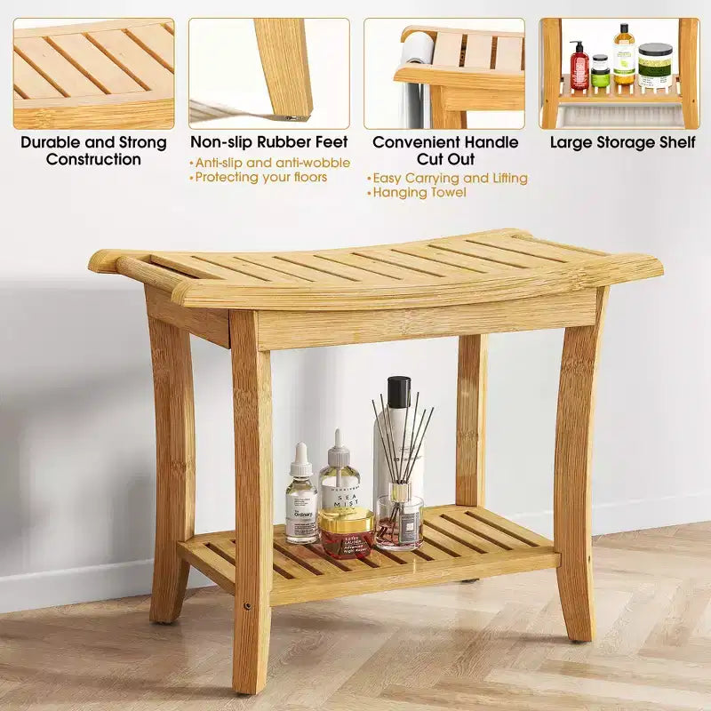 Banc de douche en bambou avec étagères de rangement, capacité de 150 kg, imperméable