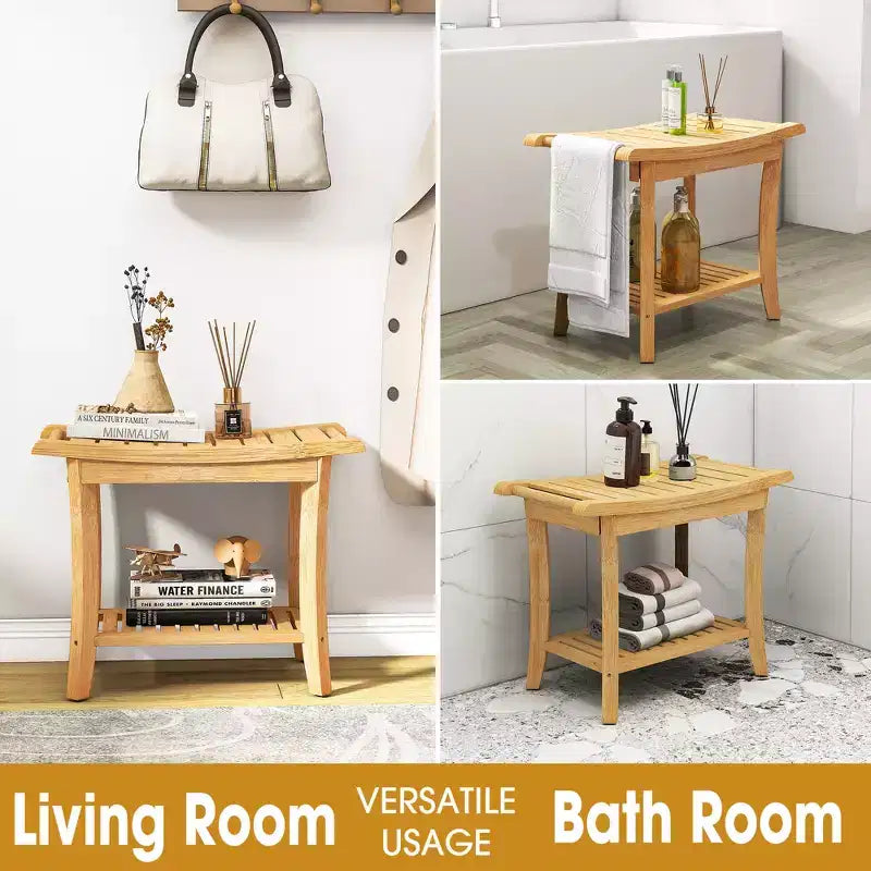 Banc de douche en bambou avec étagères de rangement, capacité de 150 kg, imperméable