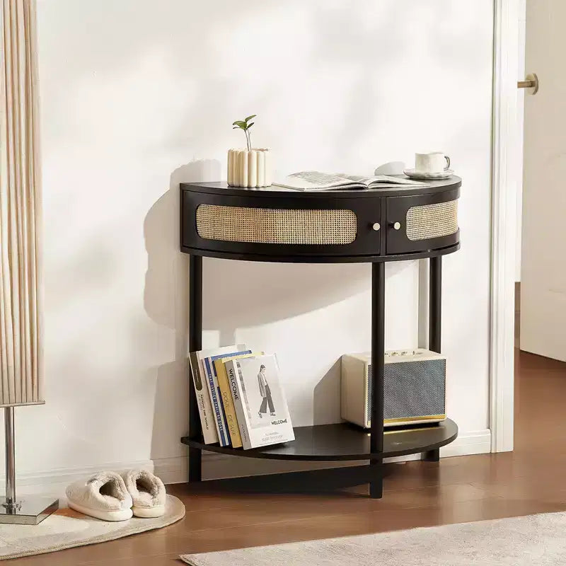 Console en rotin avec 2 compartiments de rangement et dispositif anti-basculement