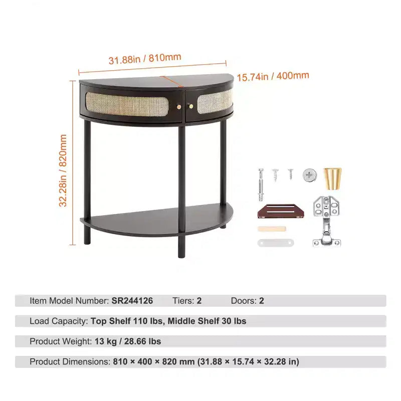 Console en rotin avec 2 compartiments de rangement et dispositif anti-basculement