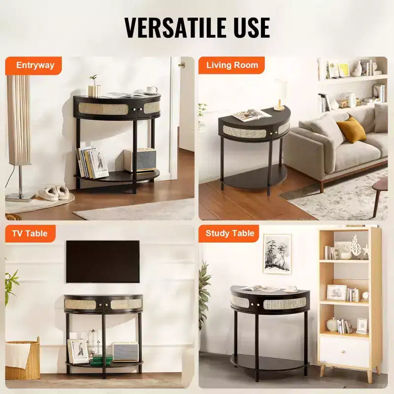 Console en rotin avec 2 compartiments de rangement et dispositif anti-basculement