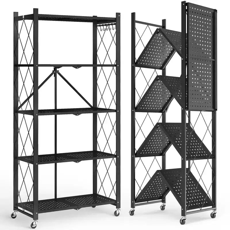5-Tier Foldable Metal Storage Shelf with Lockable Wheels Heavy Duty Wire Organizer Rack Black
