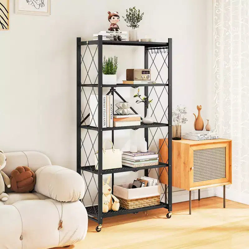 Étagère de Rangement Métallique Pliable à 5 Niveaux avec Roues Verrouillables, Étagère Organiseur en Fil Métallique Robuste, Noir