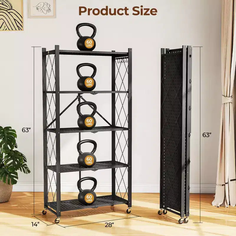 Étagère de Rangement Métallique Pliable à 5 Niveaux avec Roues Verrouillables, Étagère Organiseur en Fil Métallique Robuste, Noir