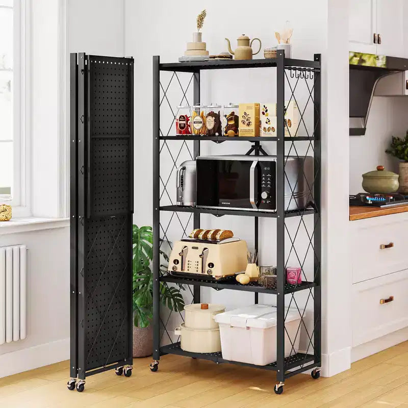 Étagère de Rangement Métallique Pliable à 5 Niveaux avec Roues Verrouillables, Étagère Organiseur en Fil Métallique Robuste, Noir
