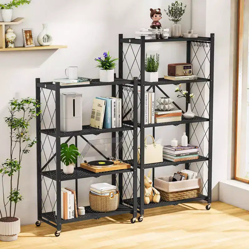 Étagère de Rangement Métallique Pliable à 5 Niveaux avec Roues Verrouillables, Étagère Organiseur en Fil Métallique Robuste, Noir