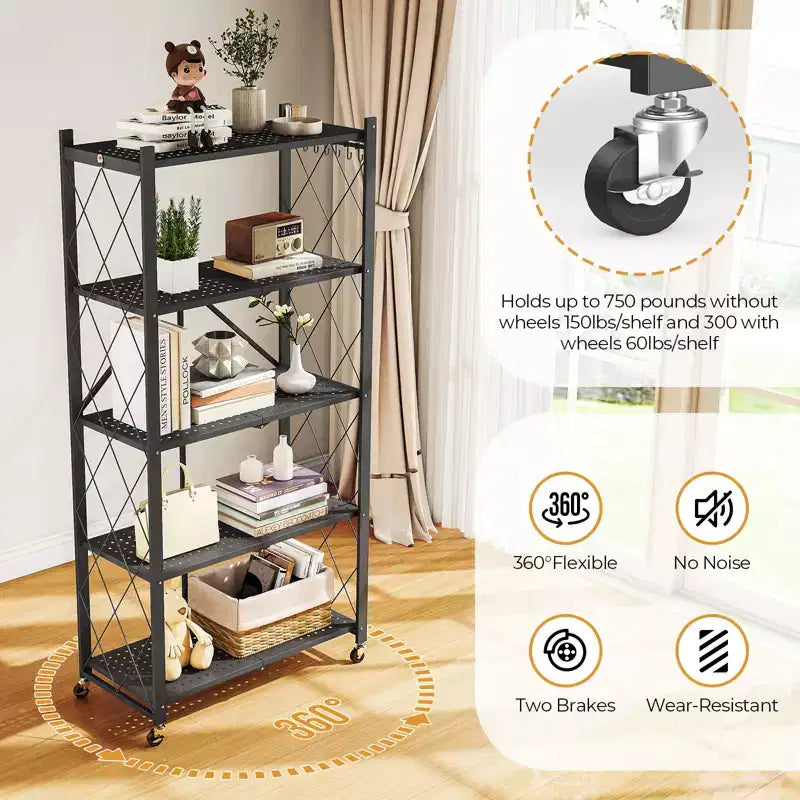 Étagère de Rangement Métallique Pliable à 5 Niveaux avec Roues Verrouillables, Étagère Organiseur en Fil Métallique Robuste, Noir