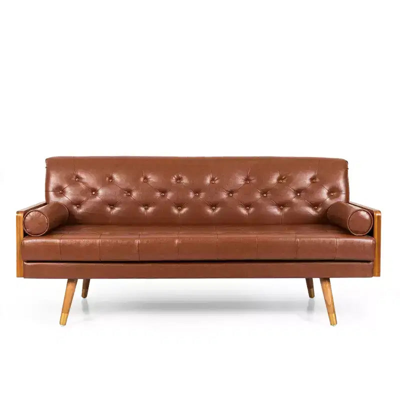 Christopher Knight Home Jalon Faux Leather Tufted 3 Seater Sofa with Bolster Pillows, Cognac Brown/Dark Walnut
