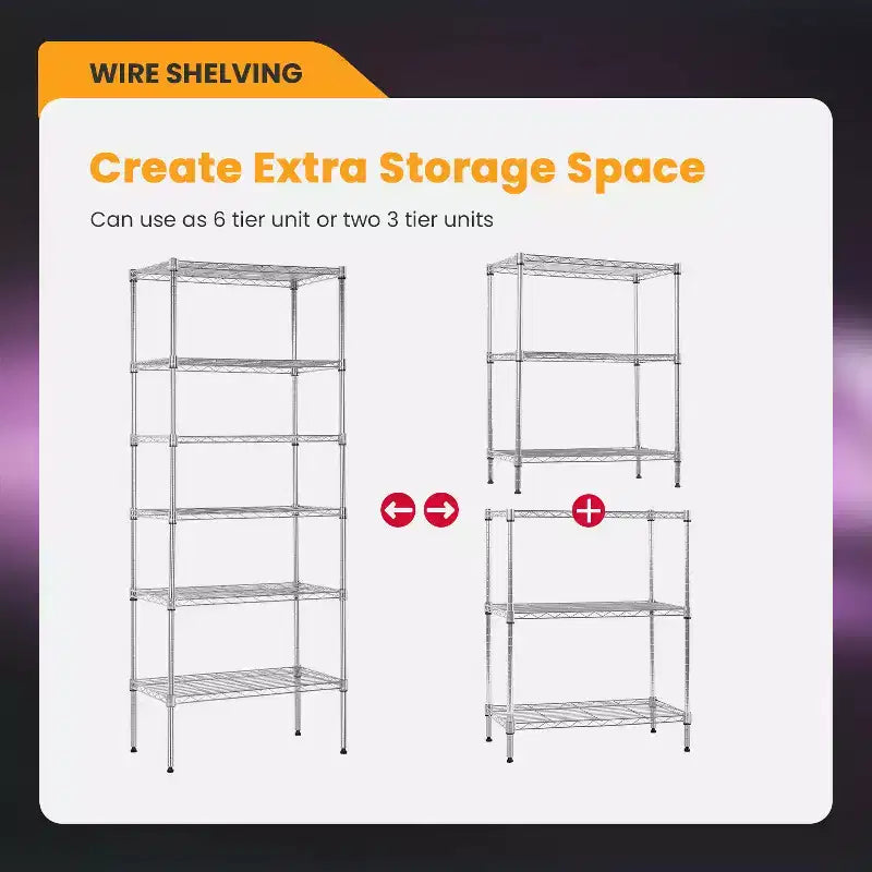 Étagère métallique à 6 niveaux modulable, robuste, pour garage et rangement.