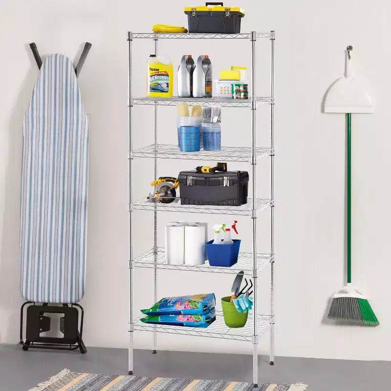 Étagère métallique à 6 niveaux modulable, robuste, pour garage et rangement.