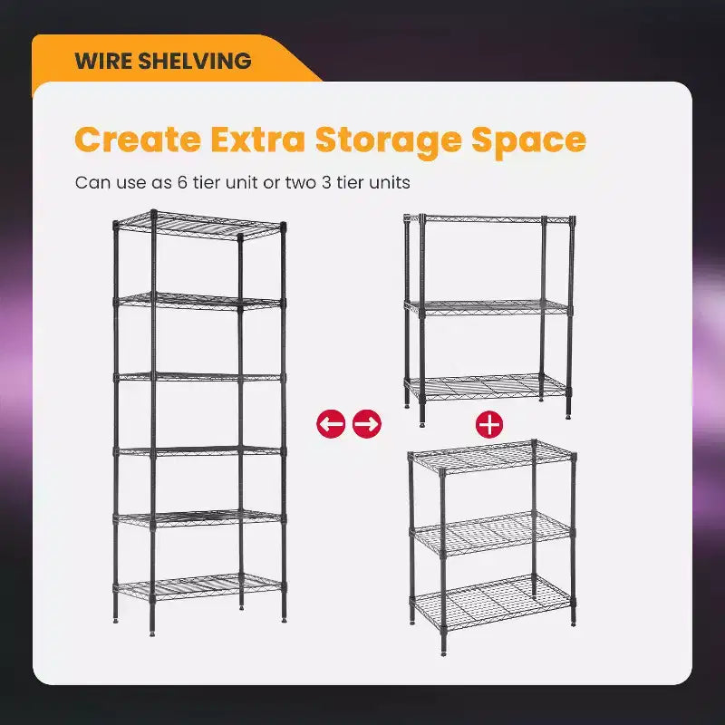 Étagère métallique à 6 niveaux modulable, robuste, pour garage et rangement.