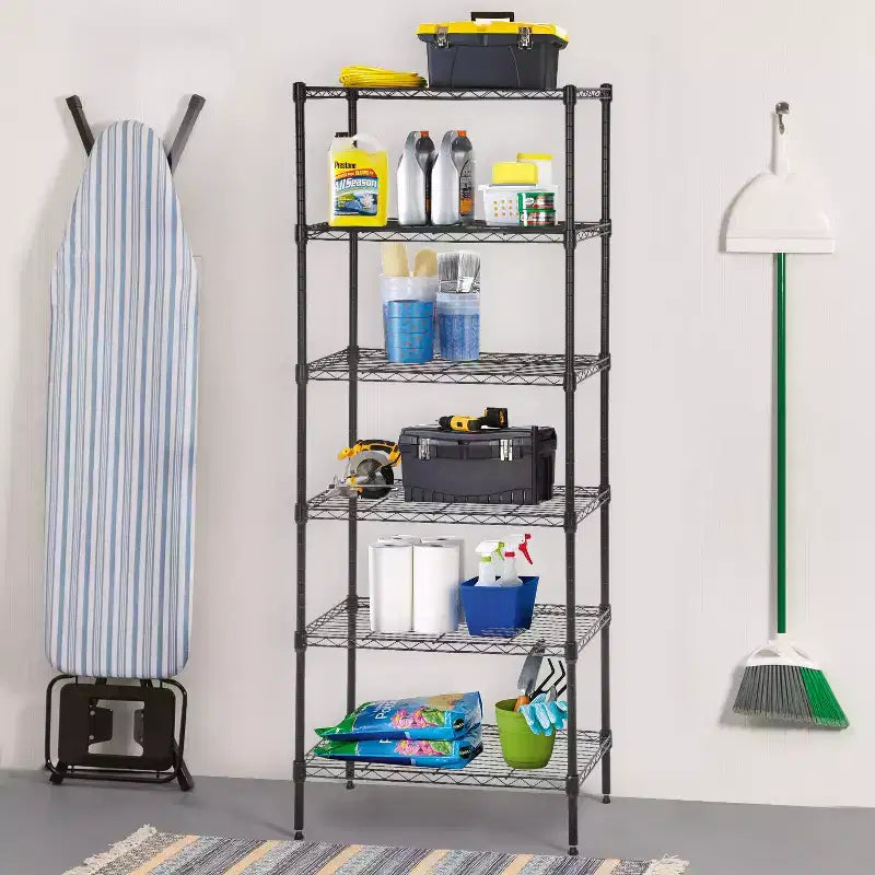 Étagère métallique à 6 niveaux modulable, robuste, pour garage et rangement.