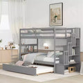Twin Over Twin Bunk Beds Frame Solid Wood Triple Bunk Bed With Twin Trundle Stairway Storage Function Safety Guardrails For Kids Teens