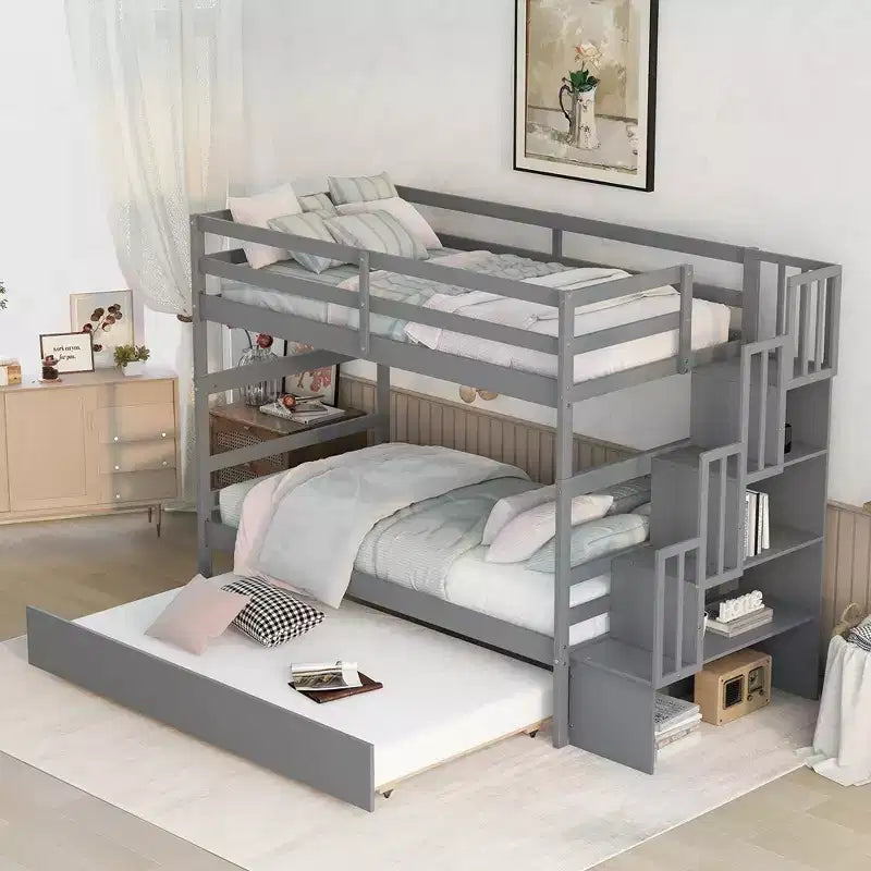 Lits superposés jumeaux sur jumeaux en bois massif, lit superposé triple avec lit gigogne jumeau, escalier de rangement, barrières de sécurité pour enfants et adolescents.